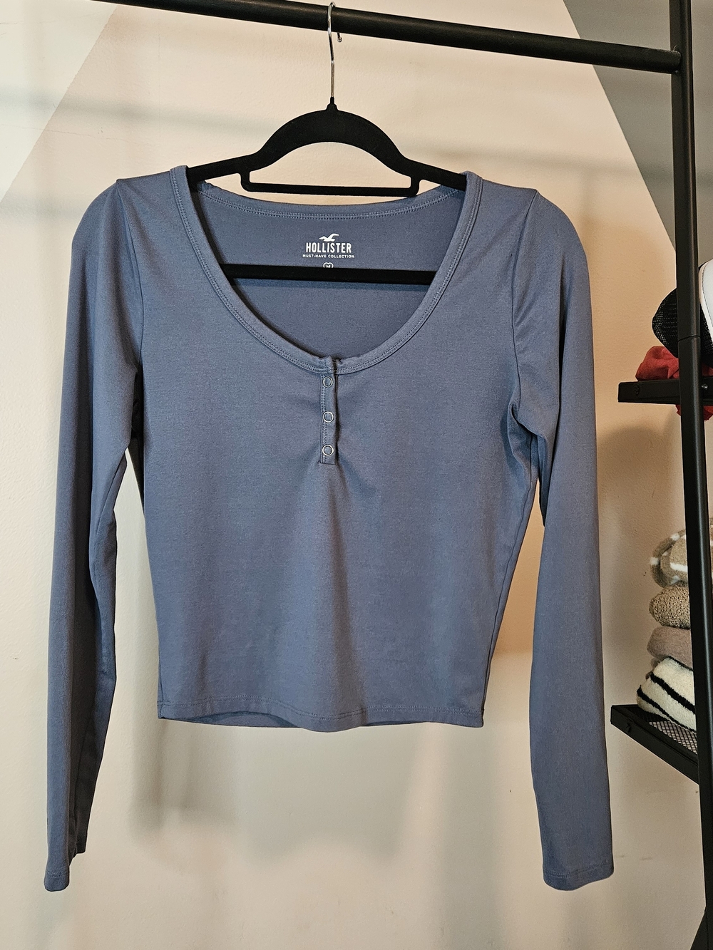 Hollister Women's Long-Sleeve Scoop Henley Top - Slate Blue